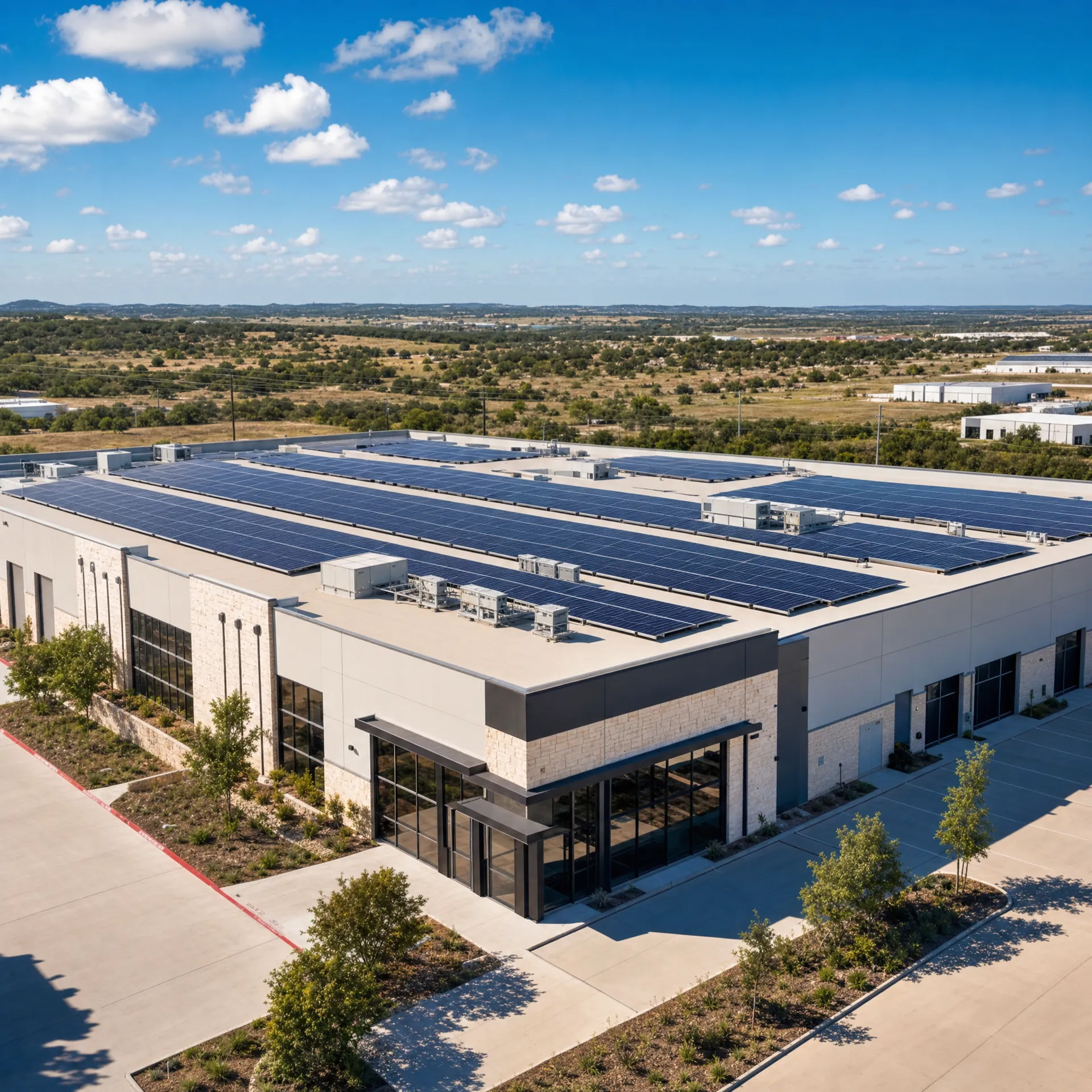Commercial and industrial building with extensive solar array