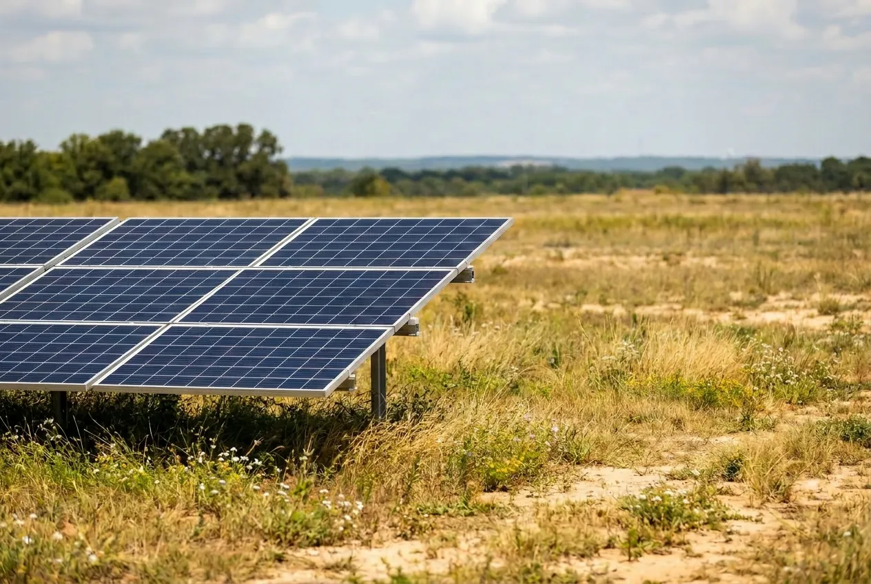 Ground-mount solar panels on a rural Iola, Grimes County, Texas property