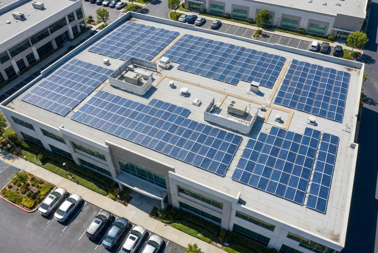 Commercial rooftop solar panel installation on a metal warehouse roof in the Brazos Valley, Texas
