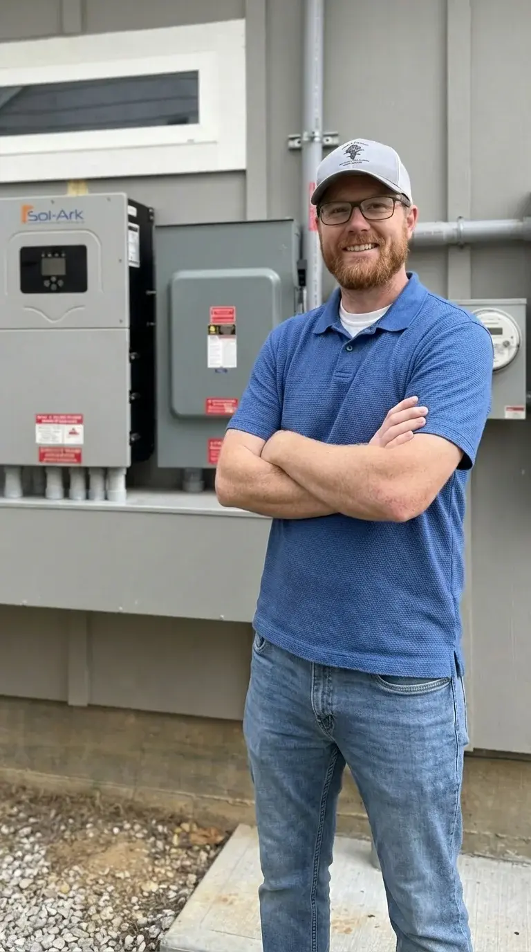 Thomas Evind, Master Electrician, with Sol-Ark inverter installation in Navasota TX